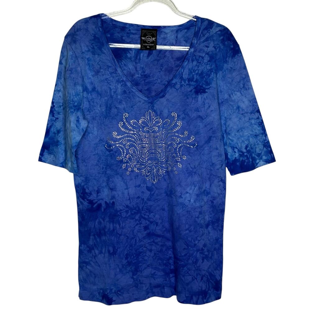 VTG Sledge‎ Womens XL Blue Tie Dye Top Rhinestones USA Metallic Graphic Grunge